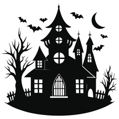 Vector art of spooky haunted house with bats and a crescent moon, isolated on a, perfect for halloween themes