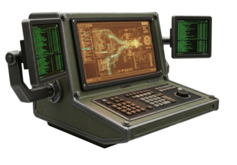 Robust industrial data console with distressed olive green casing, amber glowing screen with schematics, green scrolling code on auxiliary screens, against a transparent background, concept of