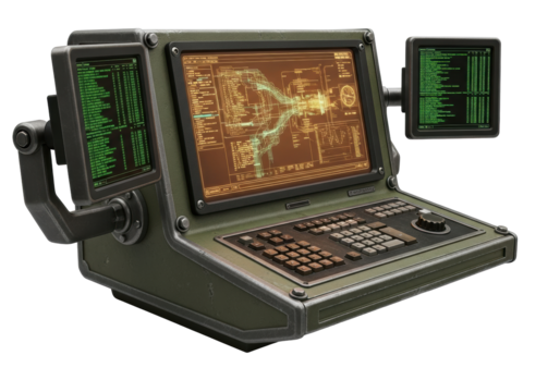 Robust industrial data console with distressed olive green casing, amber glowing screen with schematics, green scrolling code on auxiliary screens, against a transparent background, concept of