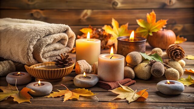 Autumn spa and wellness setting with lit candles, rolled towel, and fall leaves on a wooden table