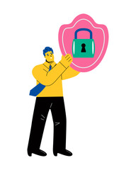 Business man hold shield with padlock. Flat vector illustration isolated on white background