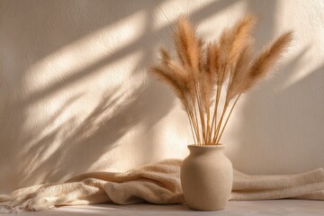 Naklejka premium Ceramic vase filled with natural pampas grass against a soft beige backdrop showcasing elegant interior decor