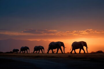 Obraz premium Silhouettes of elephants walking against the sunset in Amboseli National Park, Kenya, showcasing the beauty of wildlife in their natural habitat