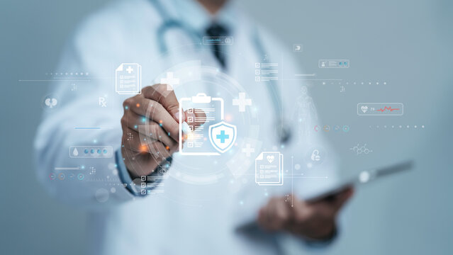 Medical check concept. Doctor with online checklist survey for health care checkup, assessment, questionnaire on digital form. medical service. Research and  Diagnosis report  with Ai technology