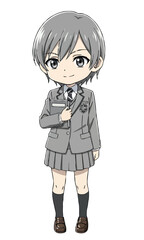 Full-body chibi character in school uniform style outfit holding book standing smartly