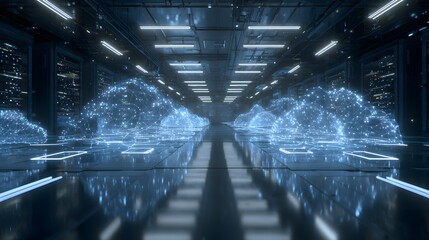 A futuristic server room with glowing lights and data clouds in a symmetrical perspective view