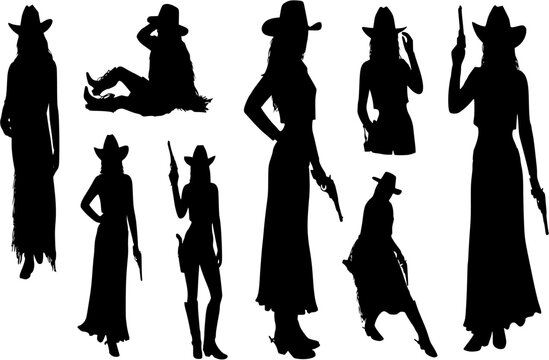 Silhouettes of western style cowgirls, set of vector illustrations on white
