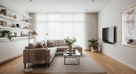 A modern, minimalist living room featuring a large sectional sofa, a sleek coffee table, and a wall-mounted television, bathed in soft natural light from sheer curtains.