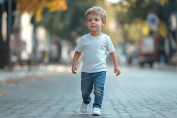 Little boy walks with confidence, facial expression showing future potential, perfect for AI emotional analysis, gesture detection, and child-centric interaction design in digital systems