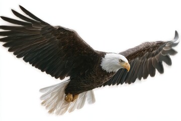 Fototapeta premium Majestic American bald eagle soaring gracefully through the sky with outstretched wings and keen eyes hunting for prey during daylight hours