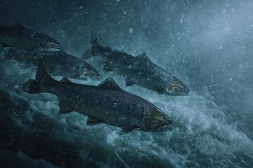 Fototapeta premium School of salmon navigating through slimy ocean water in search of food and suitable habitat, showcasing their remarkable swimming abilities and instincts