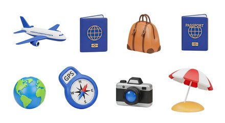 Naklejka premium Realistic 3d travel icons featuring an airplane passport luggage globe camera and beach umbrella