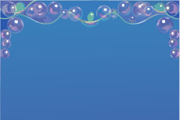 A blue background with purple and green bubbles and wavy lines at top