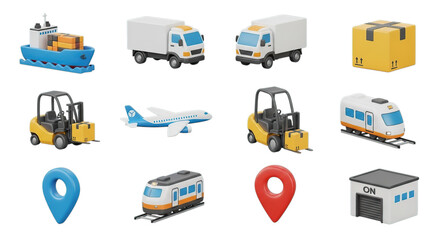 Collection of 3d transportation and logistics icons with a modern style