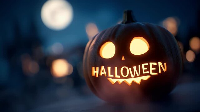 Illuminated Halloween pumpkin with carved face and word "Halloween", glowing against a dark night background with other pumpkins.