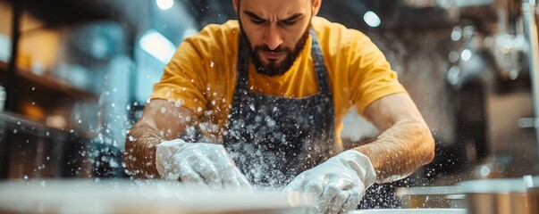 Illustrate a man in his 30s, wearing an apron and rubber gloves, washing dishes in a close-up shot, with a focus on the act of cleaning, Generative AI