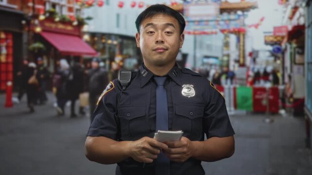 Man in police uniform pointing finger to cheek and holding notebook on street; duty vigilance service order.