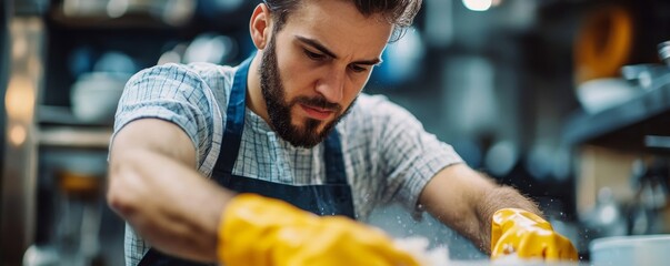 Illustrate a man in his 30s, wearing an apron and rubber gloves, washing dishes in a close-up shot, with a focus on the act of cleaning, Generative AI