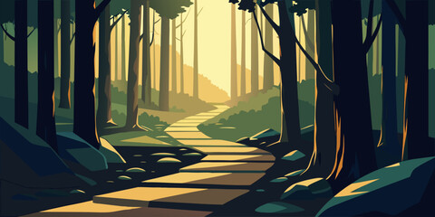 Sun dappled forest path winding through tall trees with light filtering through