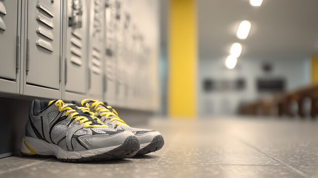 Illustration of a pair of gray and yellow sneakers sits on the floor in front of a row of metal lockers in a school hallway, creating a sense of abandonment and forgotten potential