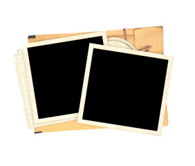 Top view of blank vintage aged letter paper envelope and two blank photo frame. Retro photo on with envelope with a rope is depicted.  Nostalgic scrapbooking style. Isolated on white background