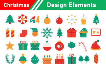 Christmas Design Elements Vector Set with Tree Snowflake Ornament and Gift