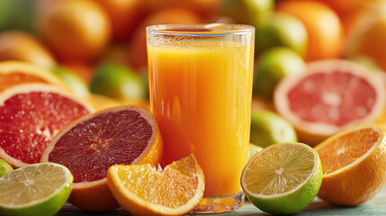 Fresh orange juice glass surrounded by sliced citrus fruits vibrant colors healthy beverage natural refreshing fruit juice