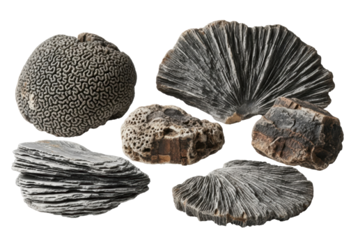 Ancient, petrified coral formations with rough, calcified textures in muted charcoal gray, sepia brown, bone white on a transparent background, soft studio light, profound geological history concept