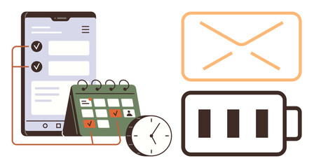 Smartphone displaying tasks, calendar with checkmarks, clock, mail envelope, and battery level. Ideal for productivity, efficiency, scheduling, organization time tracking email communication