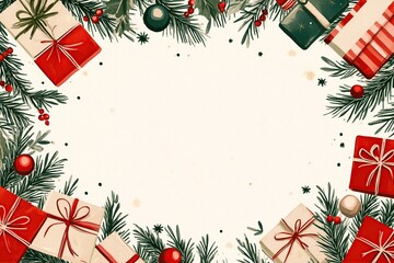 Merry Christmas Festive Watercolor Illustration Featuring Gifts and Ornaments: A Holiday Greeting Card Design