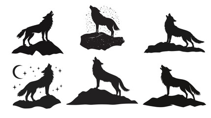 Single Wolf Silhouette on Rock Howling Under Night