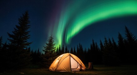 A glowing orange tent under the spectacular green and purple Aurora Borealis in a dark forest.
