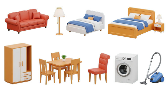 Collection of 3d rendered furniture items for interior design and visualization purposes