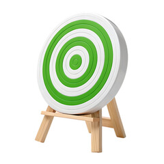 Circular archery target with green and white rings displayed on a wooden easel isolated on transparent background