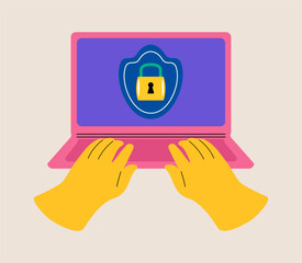Hands with laptop with security measures. Colorful vector illustration