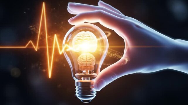 Illuminating Innovation: A Conceptual Visualization of Brainpower and Creative Thinking, Featuring an Incandescent Bulb with Brains, sparks and animated hand with lightnings