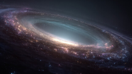 Fototapeta premium Stunning view of spiral galaxy with bright core and swirling arms filled with stars and cosmic dust, creating mesmerizing