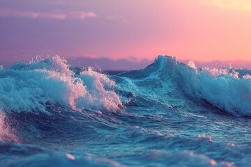 Colorful panorama of gentle sea waves during dawn with soft light illuminating the sky and water in beautiful hues, creating a serene and tranquil morning atmosphere by the ocean