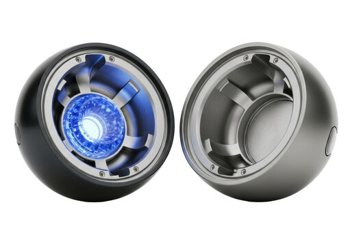 Futuristic spherical device, two open halves, one with glowing sapphire-blue energy core, brushed chrome & dark metallic, on white background with copy space. Concept of advanced energy containment