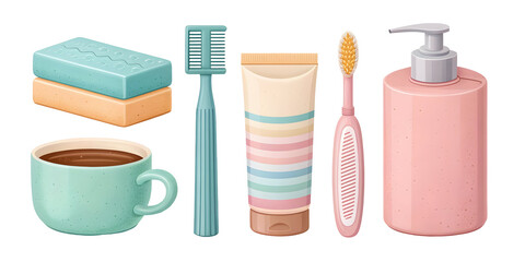 Six Pastel Colored Bathroom Items and a Teal Coffee Mug 3 D Rendered Illustration Featuring a Toothbrush Toothpaste Tube Soap Dispenser Sponge and Eyebrow Comb