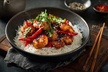 Delicious sweet and sour chicken served with fluffy white rice and vibrant red peppers on a dark wooden platter in an elegant dining setting