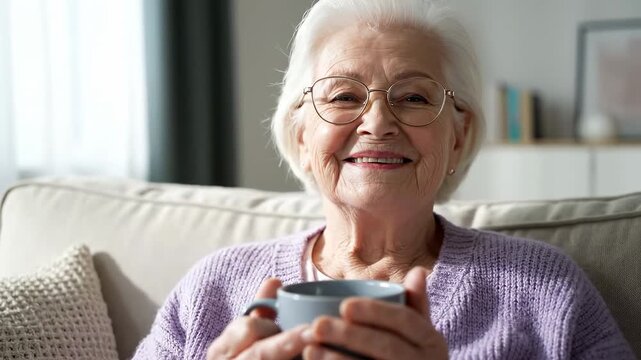 A Cheerful Senior Woman with Glasses Smiles Warmly While Enjoying a Hot Beverage on Her Cozy Couch.