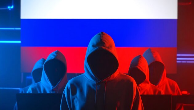 Hooded Figures and Russian Flag: Cyber Warfare and Espionage
