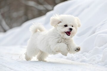 Joyful Bichon Frise Puppy Leaps Through Winter Snow