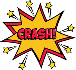 A cartoon crash boom explosion with red and yellow colors on black background