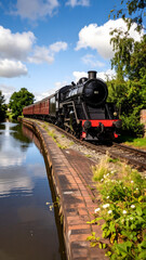 Naklejka premium Old fashioned steam locomotive traveling on railroad tracks beside a canal