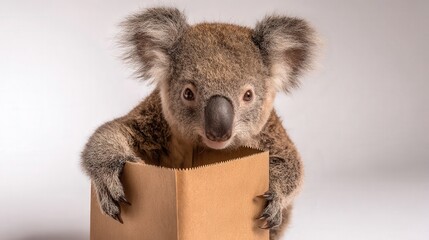 Naklejka premium Sweet fluffy koala baby holds plain brown paper bag with front paws looking directly ahead