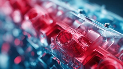 A captivating macro shot showcasing the interplay of red and blue hues within a transparent structure.