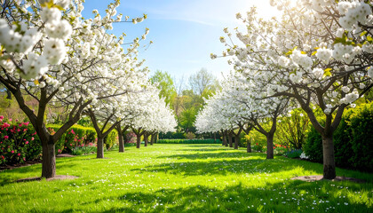 Peaceful park with blooming cherry blossoms and a tranquil path under a clear blue sky