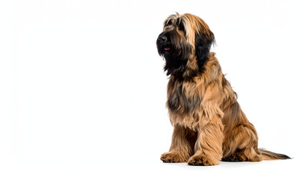 Portrait of a beautiful long-haired brown dog sitting against a white background